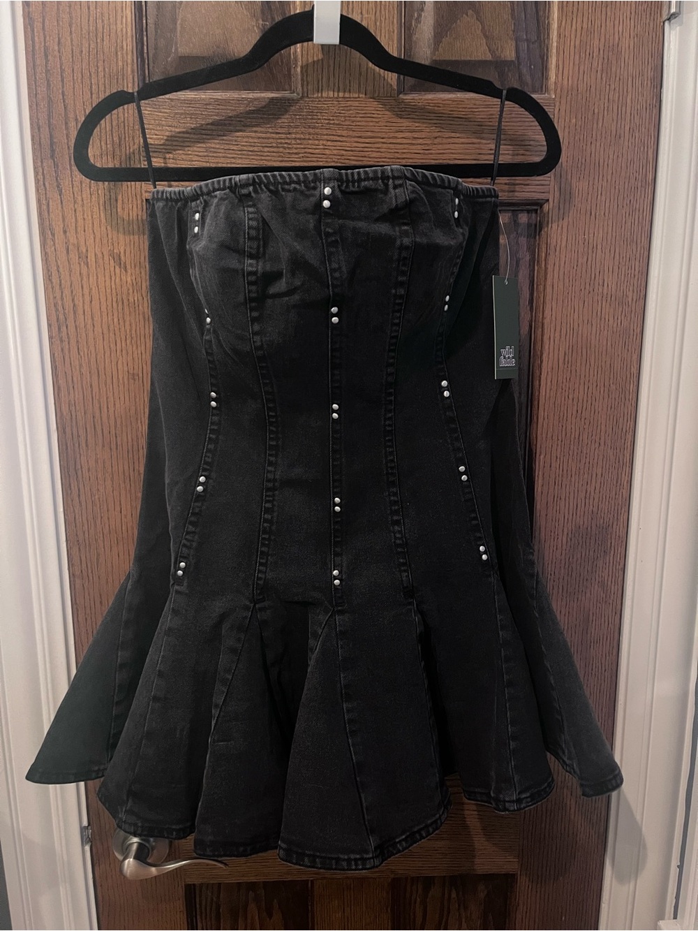 wild fable Black Strapless Denim Mini Dress with Stud Accents